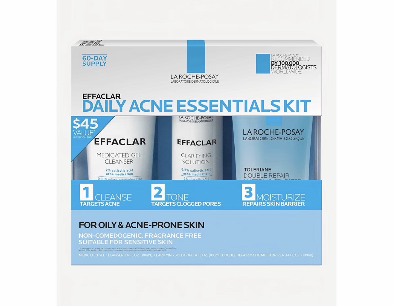 La Roche-Posay Effaclar – Kit de acné diario con limpiador, tóner e hidratante