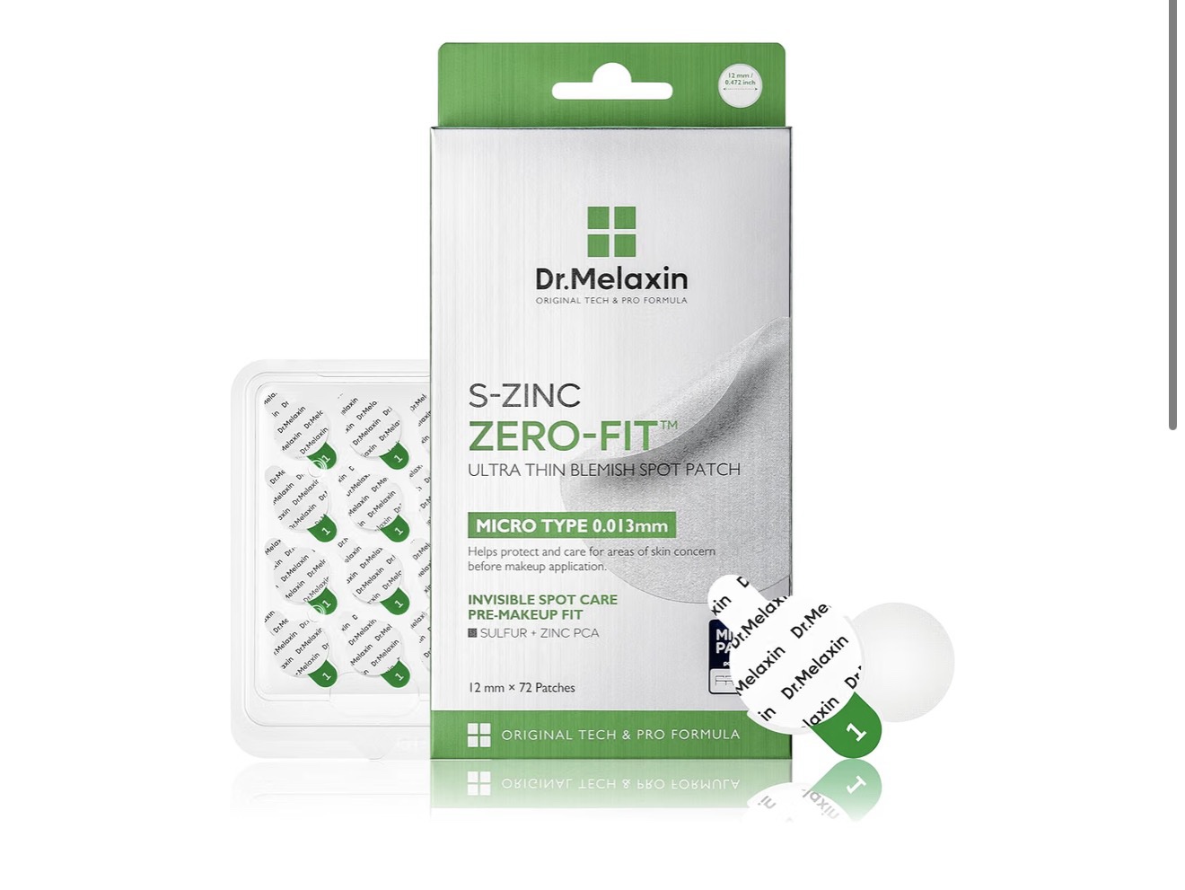 Dr.Melaxin - S-ZINC ZERO-FIT - Parche de manchas ultrafinas de 0.001 in con azufre, ácido salicílico, AHA y PHA, sin costuras, para debajo del maquillaje, parches de 0.472 in x 72