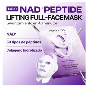 numbuzin No.9+ NAD+ BIO Máscara de elevación completa para el rostro, mascarilla reafirmante de dos piezas con péptidos y colágeno para un acabado de piel suave y definido, 4 hojas + banda elevadora