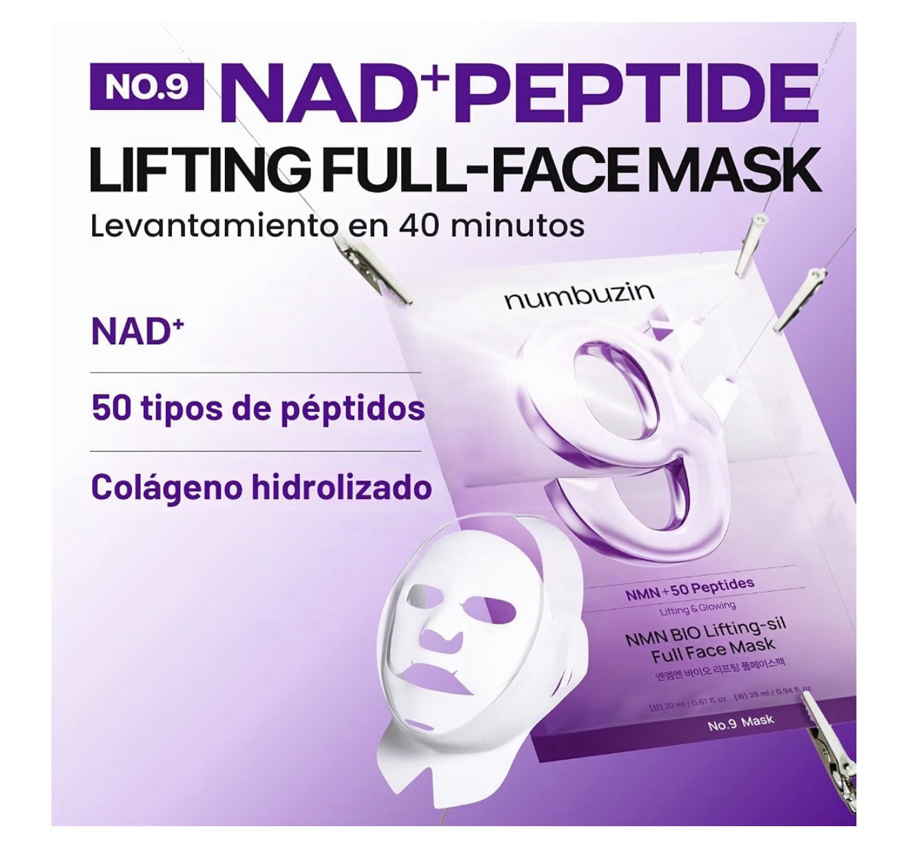 numbuzin No.9+ NAD+ BIO Máscara de elevación completa para el rostro, mascarilla reafirmante de dos piezas con péptidos y colágeno para un acabado de piel suave y definido, 4 hojas + banda elevadora